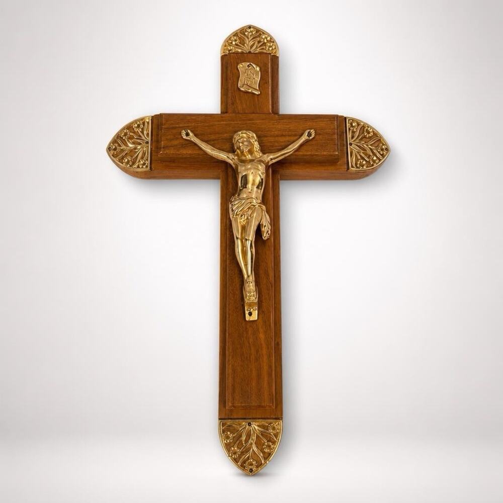 Vtg INRI Jesus Crucifix Cross Candle Holy Water Secret Compartment WoodBrass